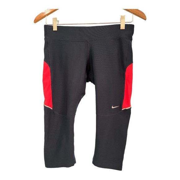 NIKE Navy Blue Running Crop Leggings Dri Fit Sz Med Orange Reflective Stripe - Picture 10 of 11